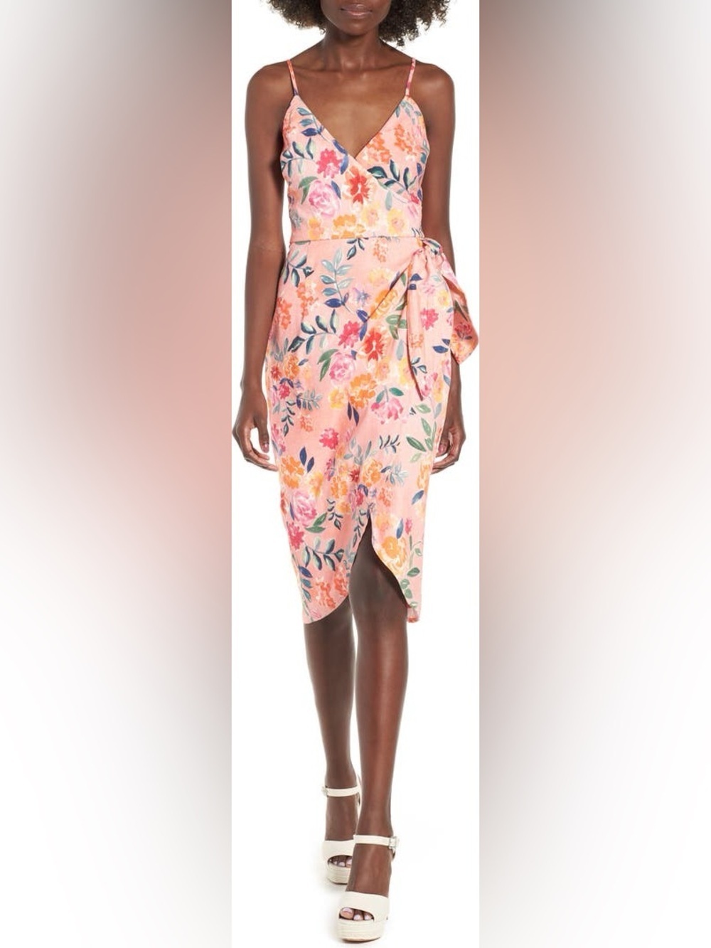 Lovers + Friends Orchid Peach Floral Wrap Midi Dress - Size XS